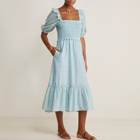 Vineyard Vines Smocked Puff Sleeve Midi Dress in Navy and Orange Floral L - Picture 8 of 13